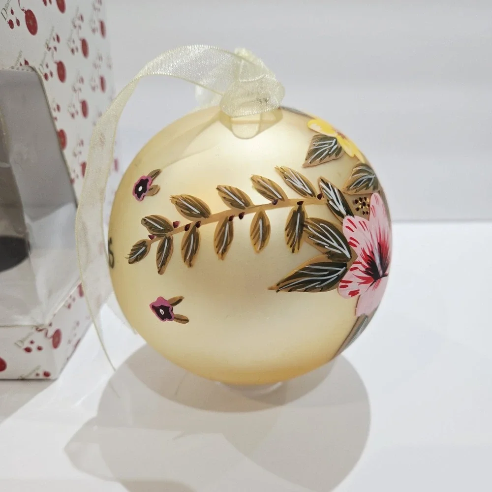 Dillard's Trimmings Hibiscus Floral Hand Painted Glass Christmas Ball Ornament